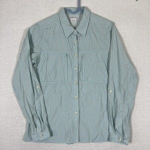 ExOfficio Button Up Vented Hiking Shirt Womens Large Gingham Long Sleeve Pockets